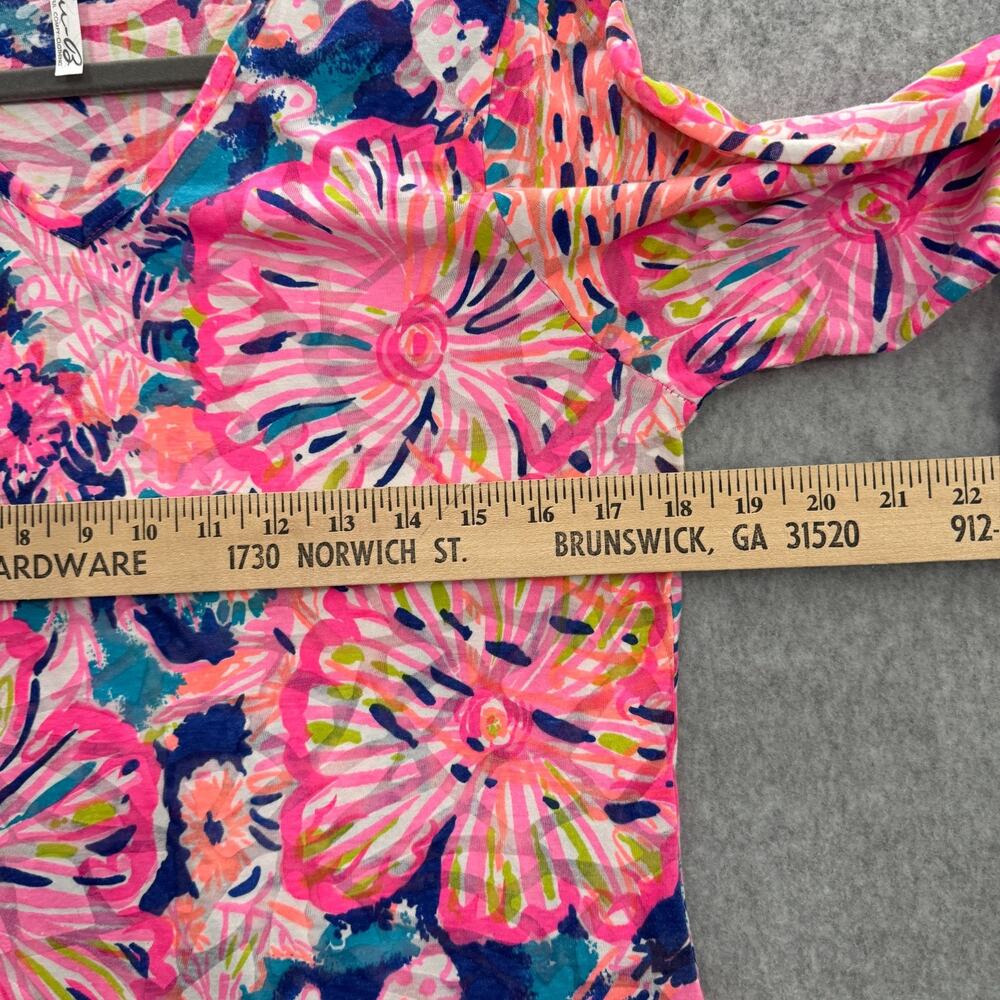 Lulu B Tropical Floral V-Neck T-Shirt Sz S Pink Blue Coastal Beach Cotton Bright - Picture 5 of 7